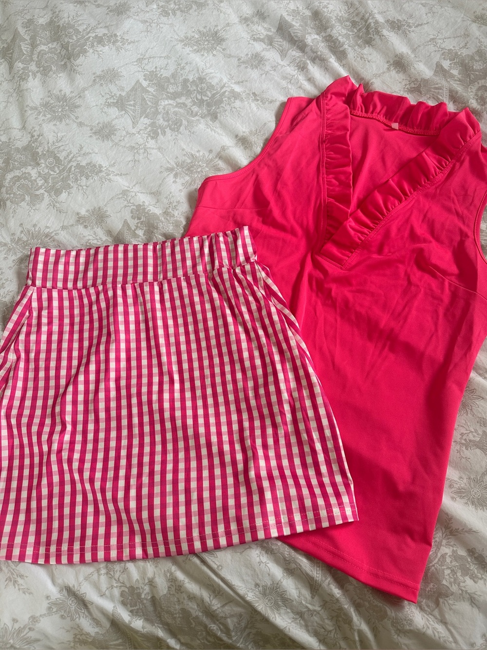 SHEIN Pink Gingham Mini Skirt & Hot Pink Ruffle V-Neck Top